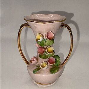 Vintage Floral Pink Vase with Gold Handles
